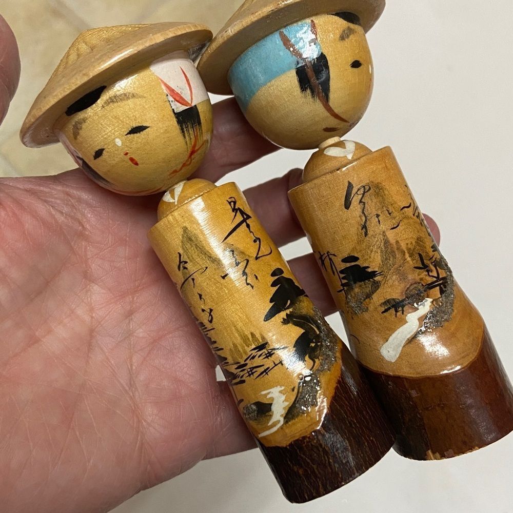 Vintage Kokeshi Handcrafted Wooden Figurines - Brown and Tan